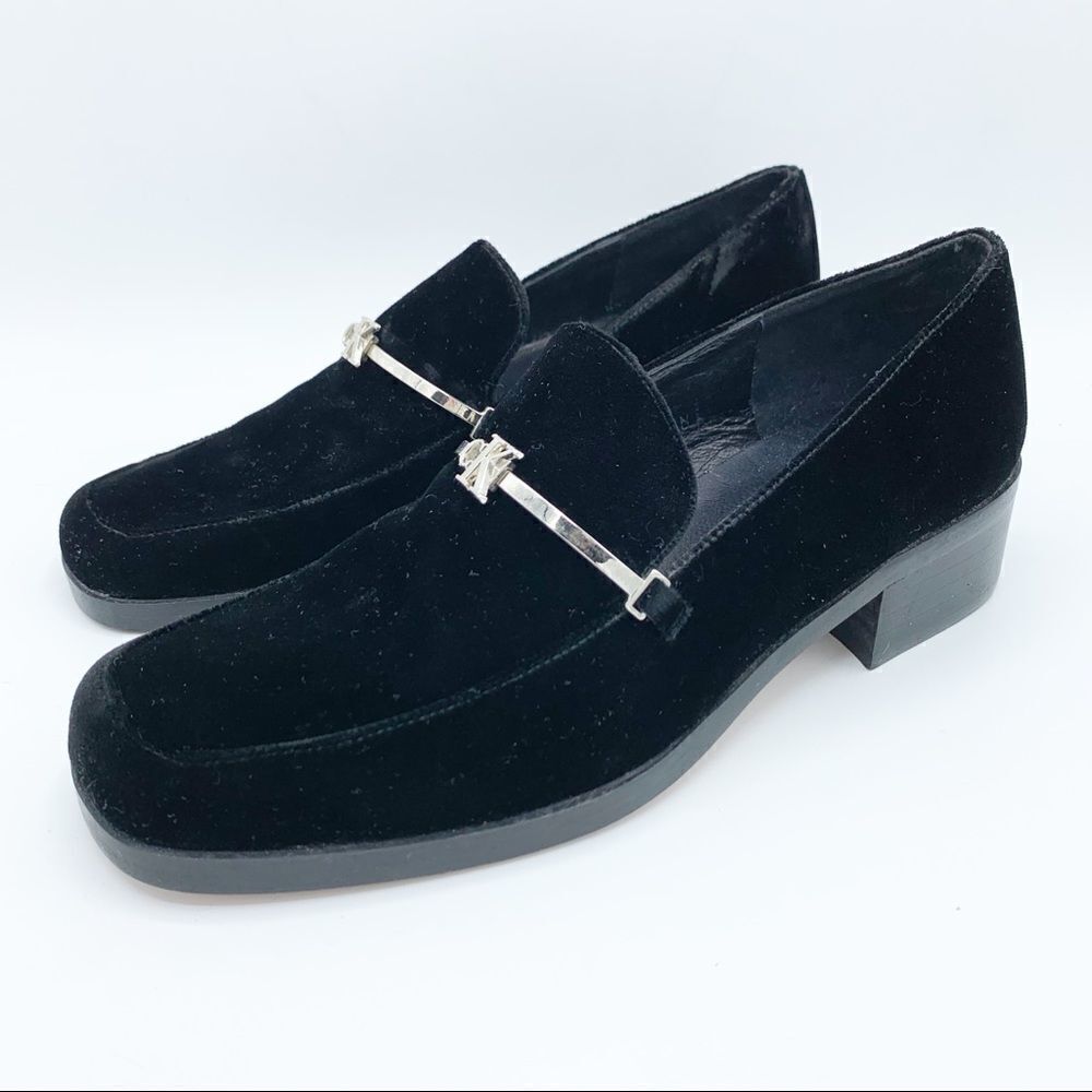 Calvin Klein Velvet Loafers with Silver Logo Accent and Chunky Heel 7 Narrow